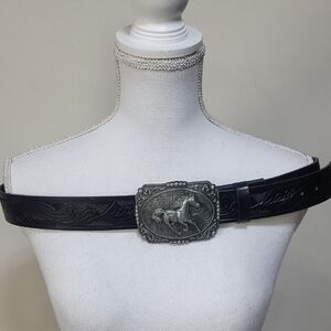 BELTROAD Black Embossed Faux Leather Horse Buckle Western Belt & Buckle